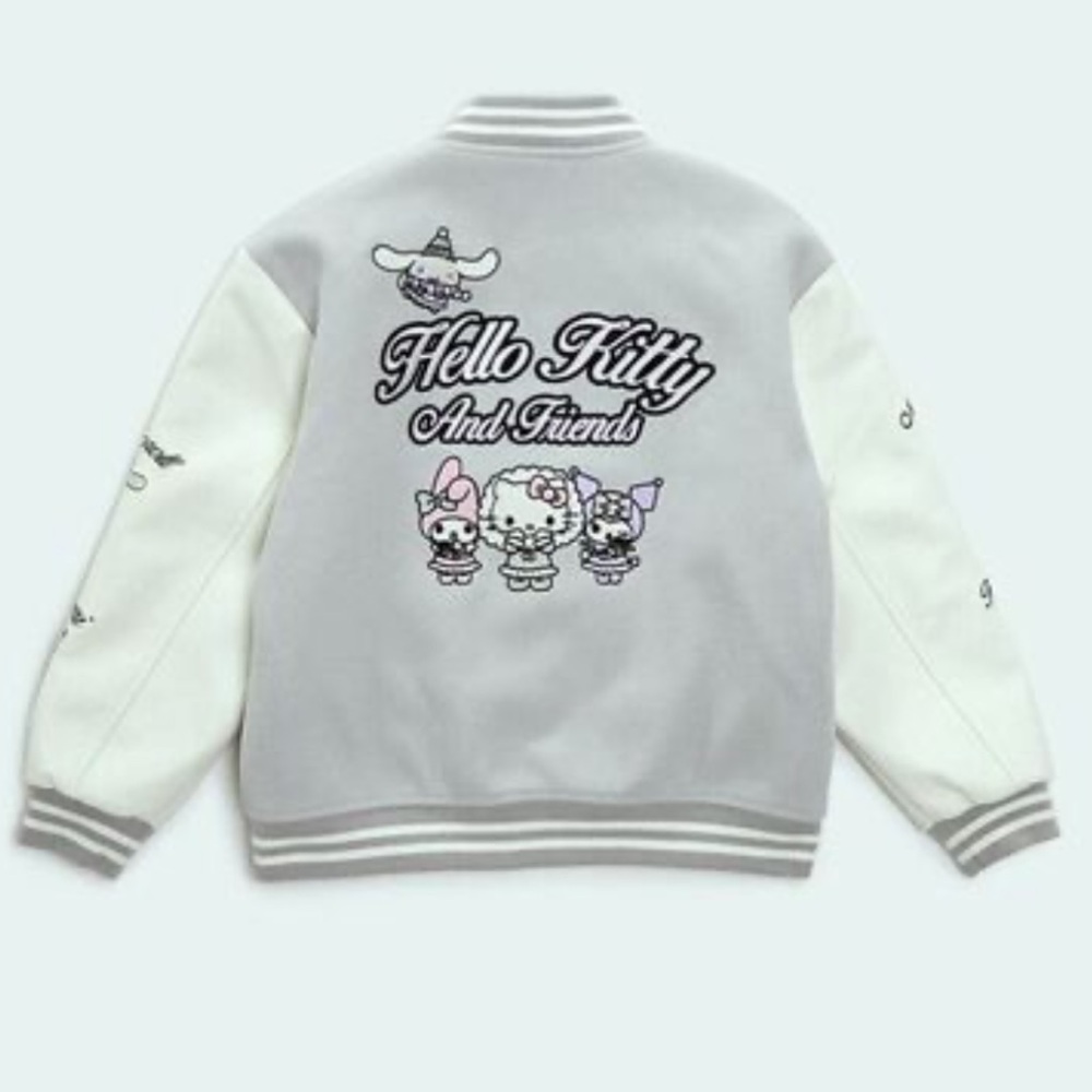 NEW Hello Kitty varsity jacket Mymelody Kuromi Cinnamoroll Grey Bomber Coat Gray